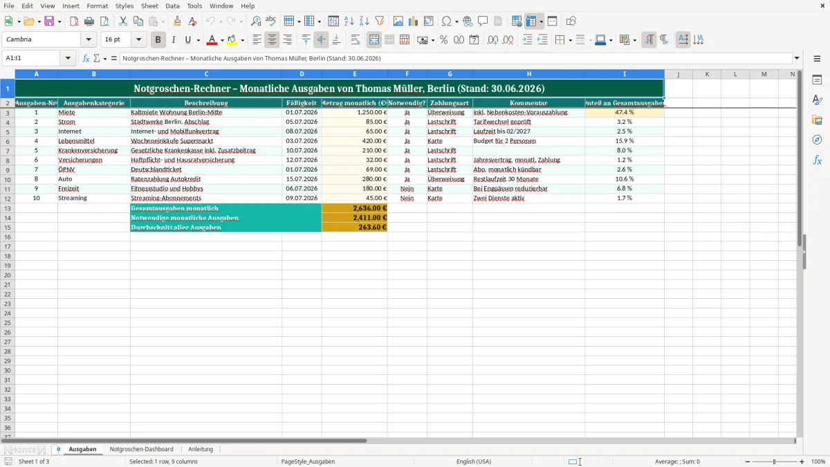 Captura de tela 1: Aba Ausgaben - Planilha Excel notgroschen rechner excel