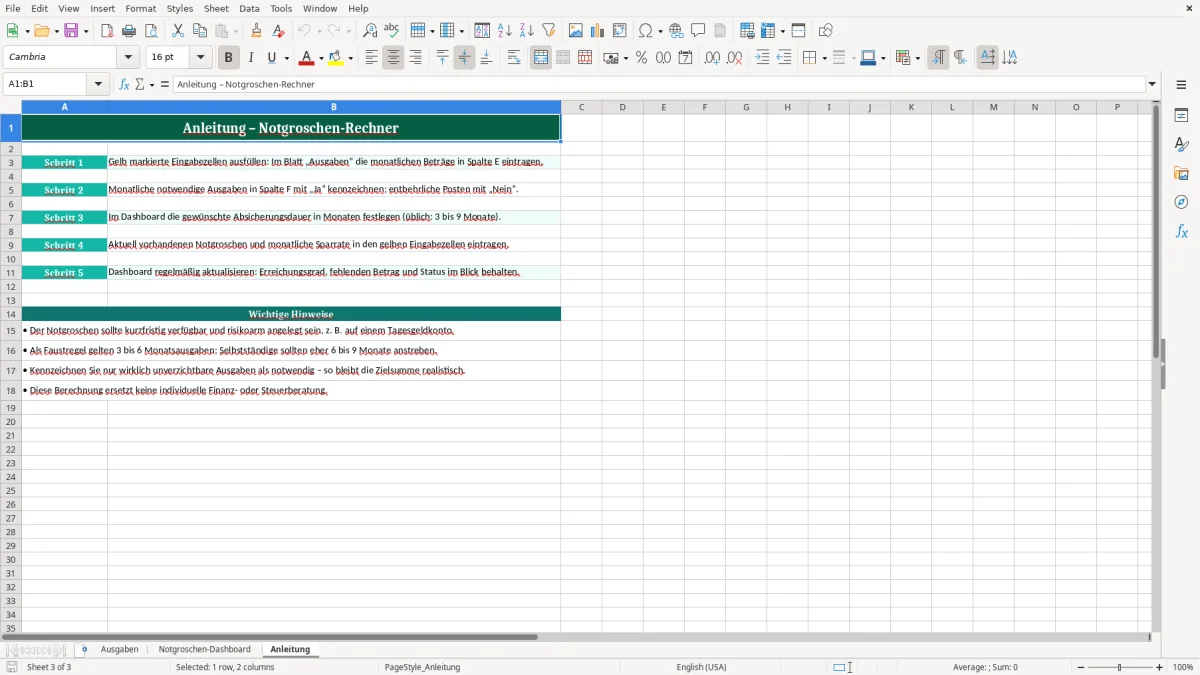 Captura de tela 3: Aba Anleitung - Planilha Excel notgroschen rechner excel
