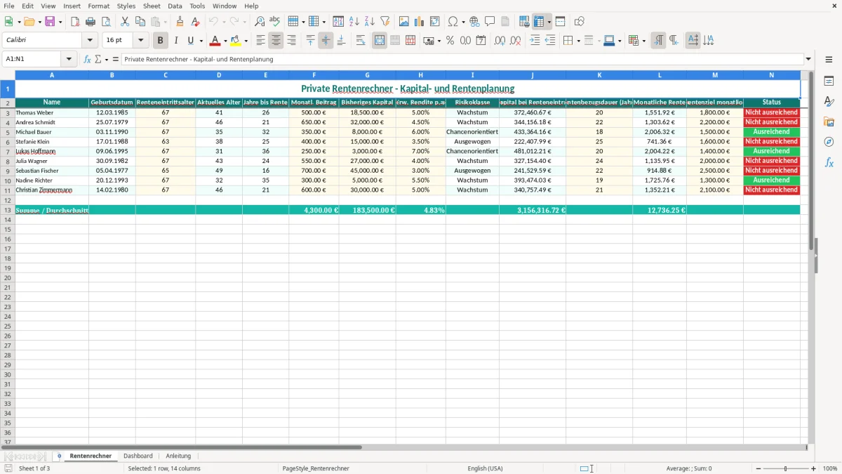 Captura de tela 1: Aba Rentenrechner - Planilha Excel private rente rechner excel