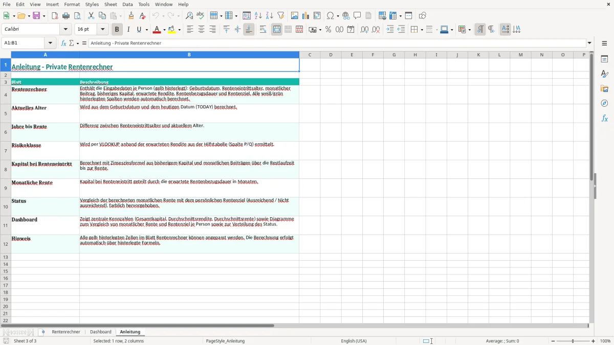 Captura de tela 3: Aba Anleitung - Planilha Excel private rente rechner excel