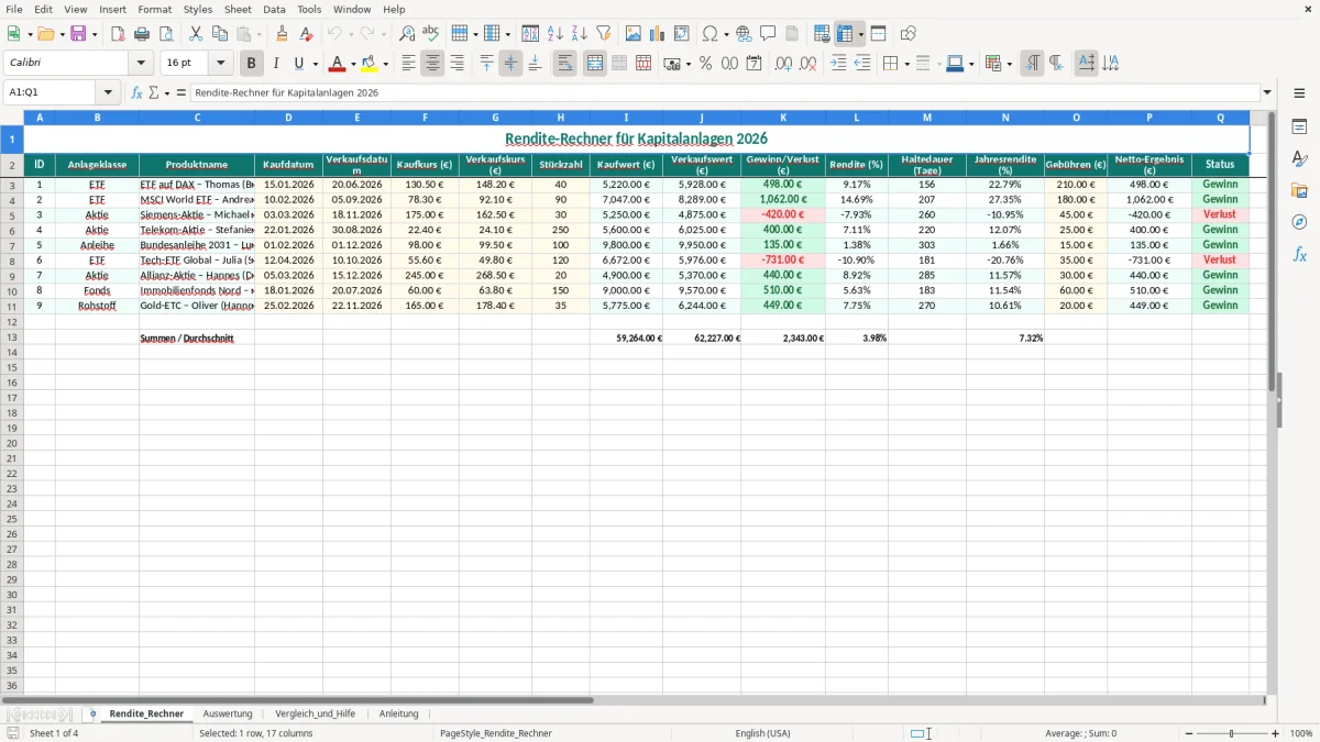 Captura de tela 1: Aba Rendite_Rechner - Planilha Excel rendite rechner excel