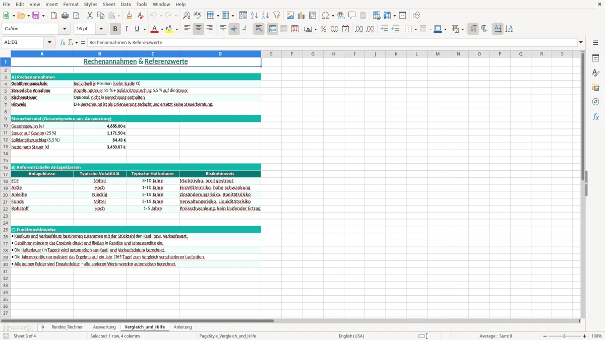 Captura de tela 3: Aba Vergleich_und_Hilfe - Planilha Excel rendite rechner excel