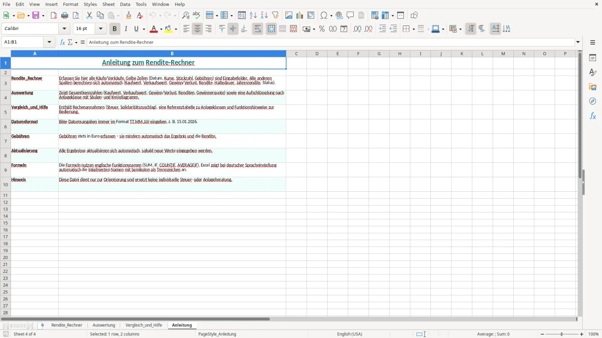 Captura de tela 4: Aba Anleitung - Planilha Excel rendite rechner excel