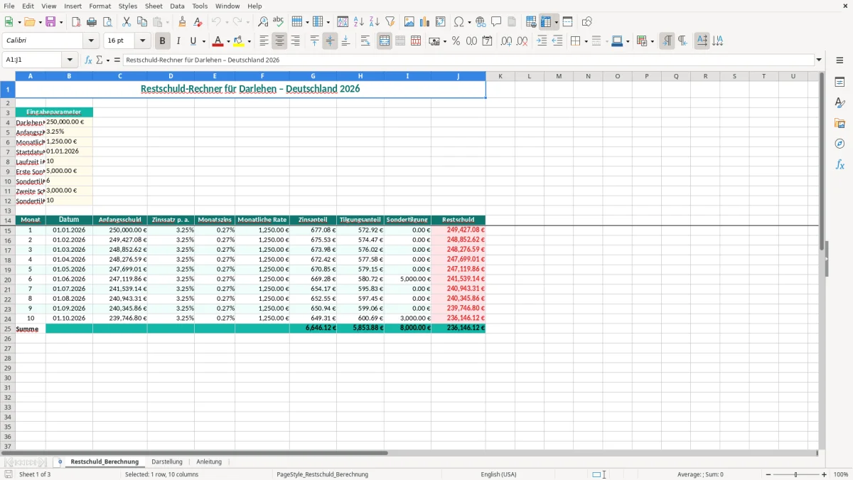 Captura de tela 1: Aba Restschuld_Berechnung - Planilha Excel restschuld berechnen excel