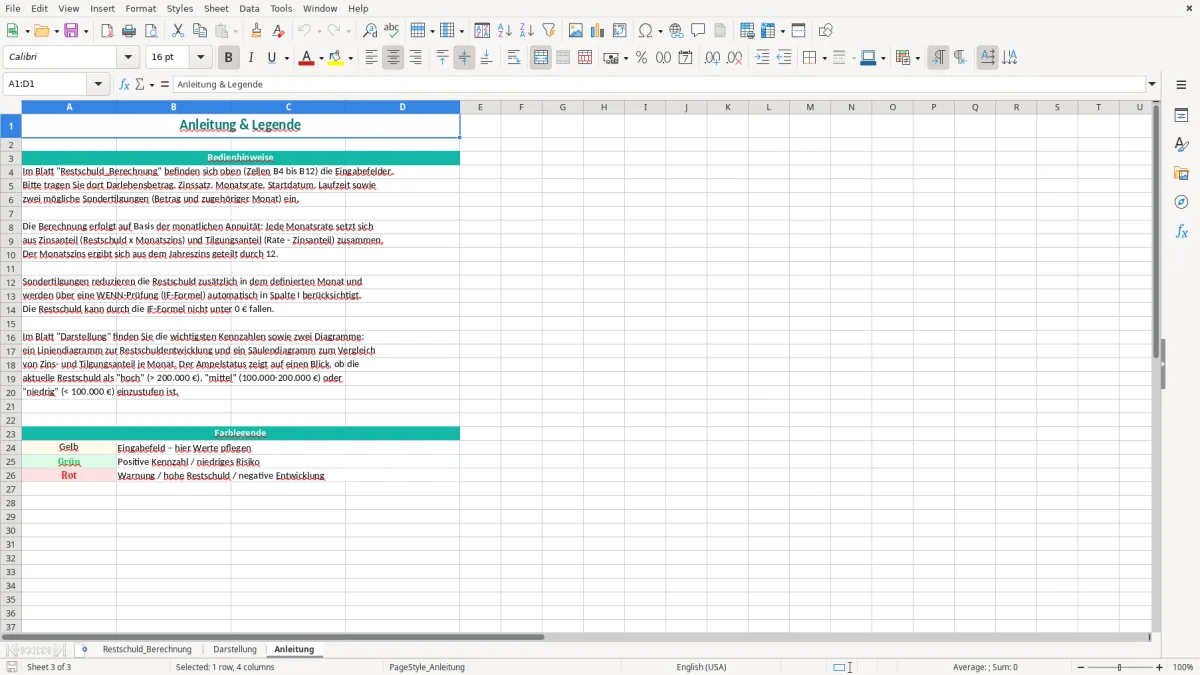 Captura de tela 3: Aba Anleitung - Planilha Excel restschuld berechnen excel