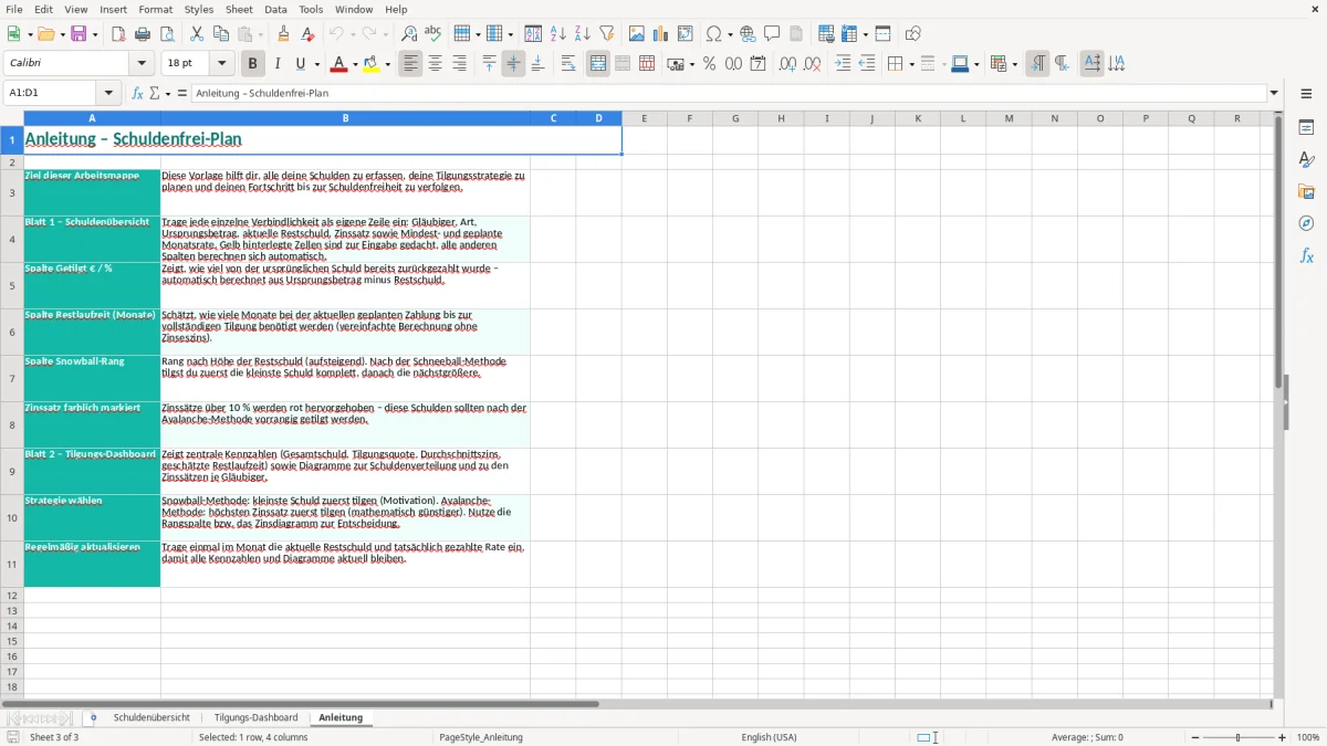 Captura de tela 3: Aba Anleitung - Planilha Excel schuldenfrei plan excel