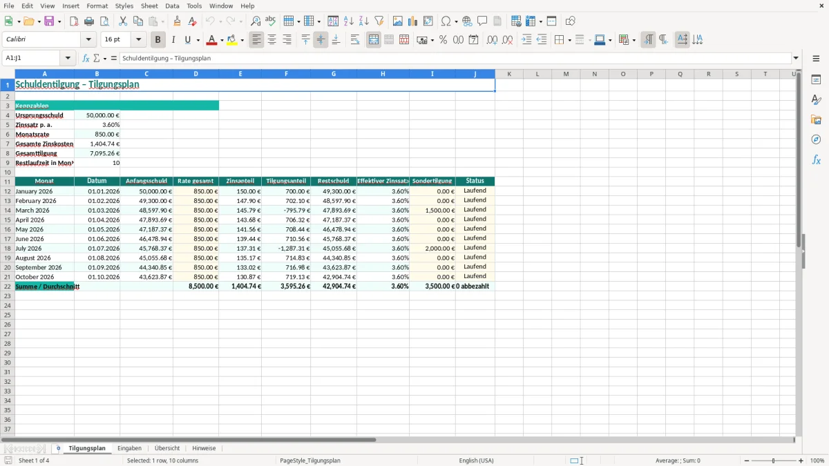 Captura de tela 1: Aba Tilgungsplan - Planilha Excel schuldentilgung excel vorlage