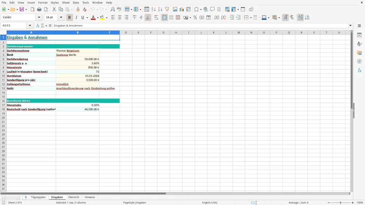 Captura de tela 2: Aba Eingaben - Planilha Excel schuldentilgung excel vorlage