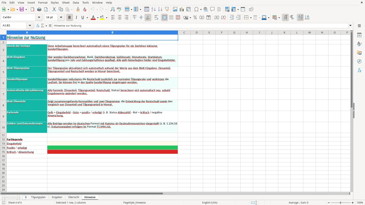 Captura de tela 4: Aba Hinweise - Planilha Excel schuldentilgung excel vorlage
