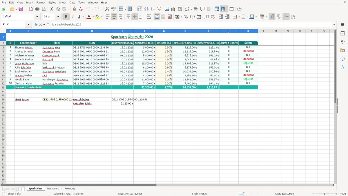 Captura de tela 1: Aba Sparbücher - Planilha Excel sparbuch übersicht excel