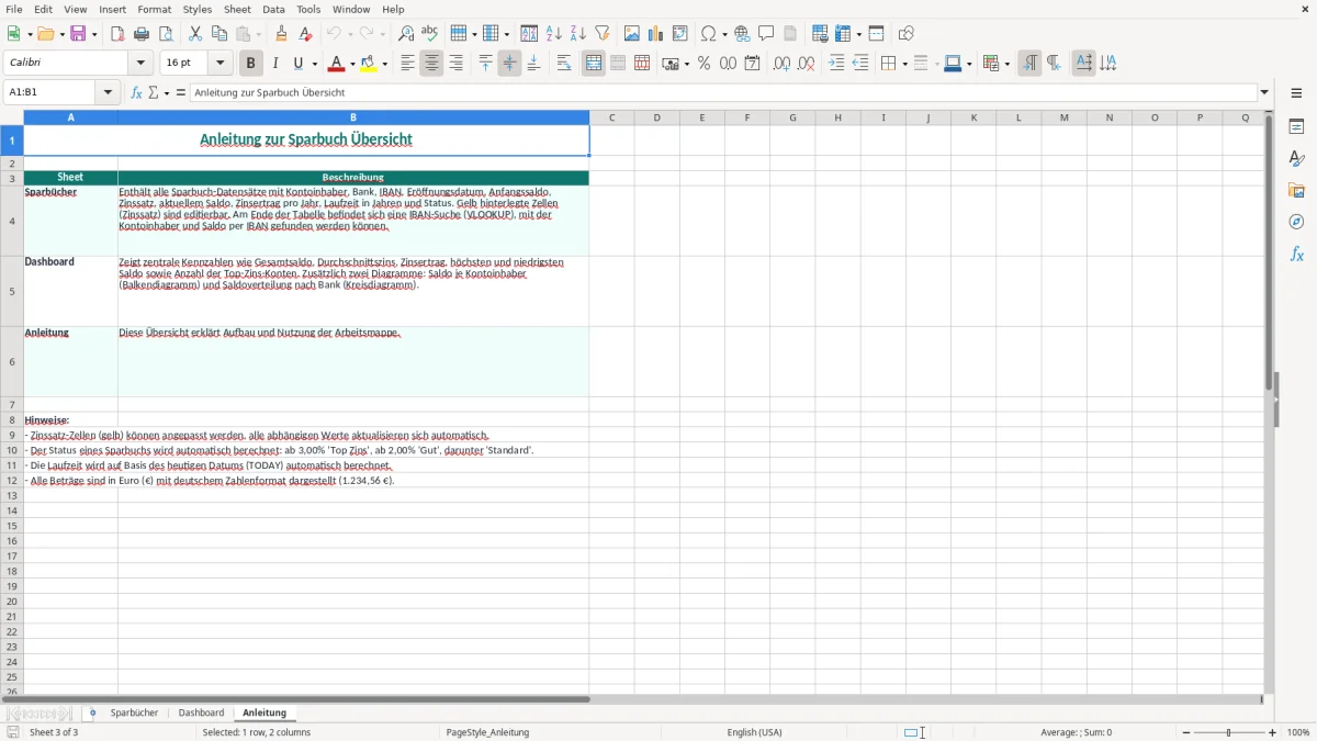 Captura de tela 3: Aba Anleitung - Planilha Excel sparbuch übersicht excel
