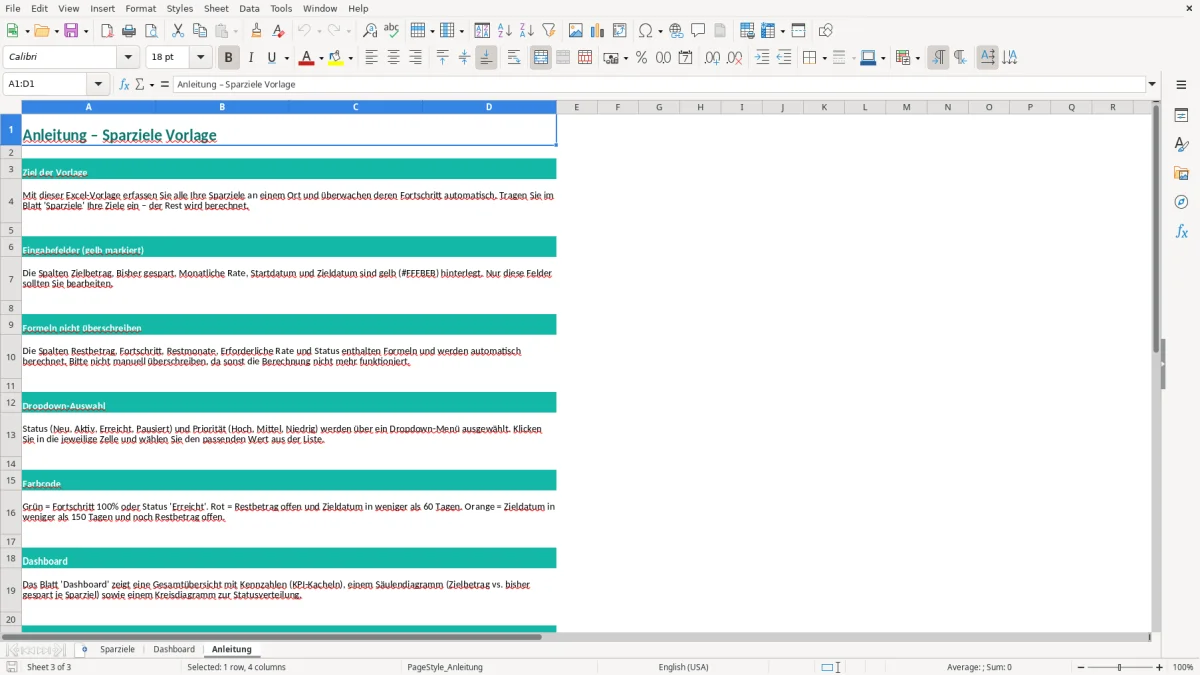 Captura de tela 3: Aba Anleitung - Planilha Excel sparziele excel vorlage
