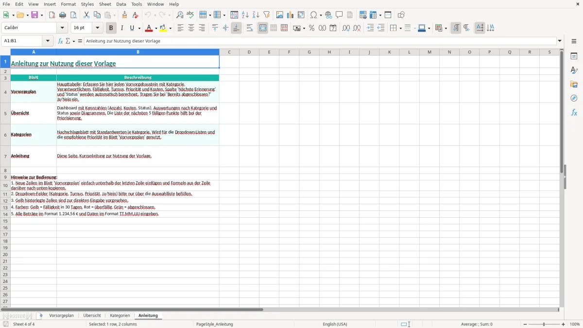 Captura de tela 4: Aba Anleitung - Planilha Excel vorsorgeplan excel vorlage
