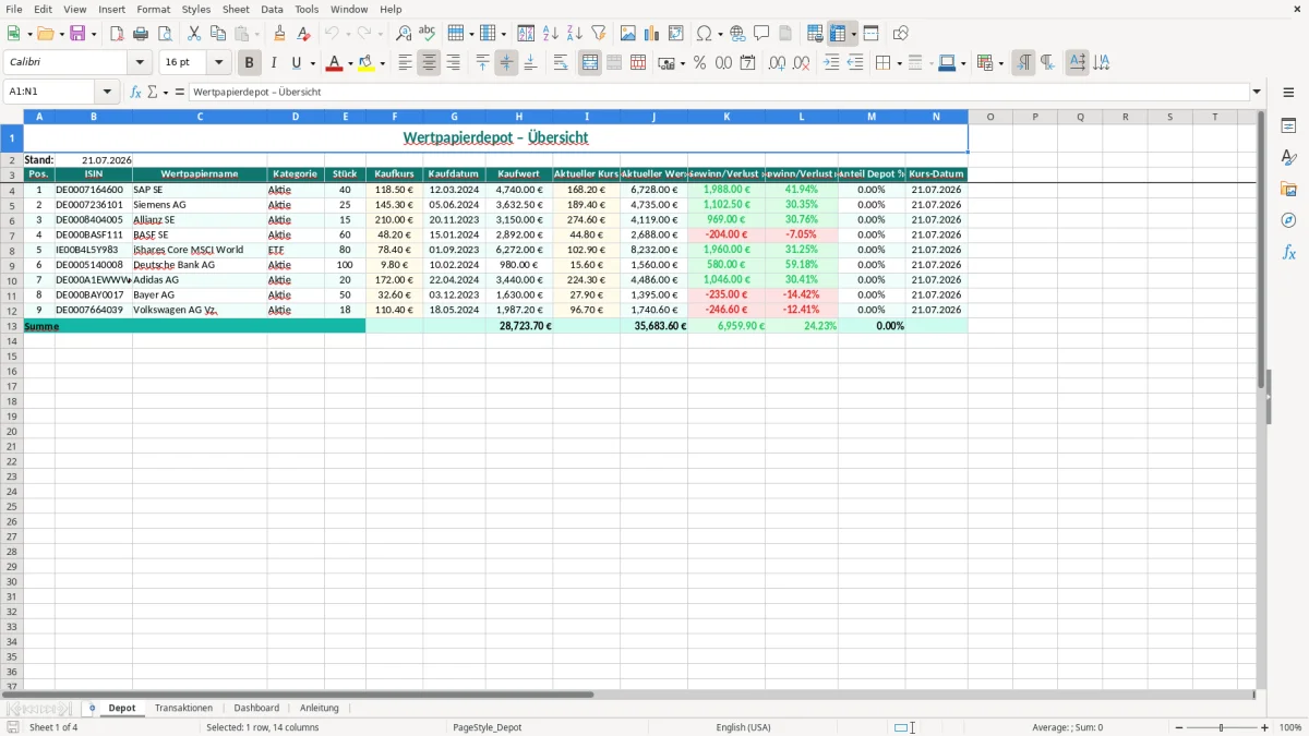 Captura de tela 1: Aba Depot - Planilha Excel wertpapier depot excel vorlage