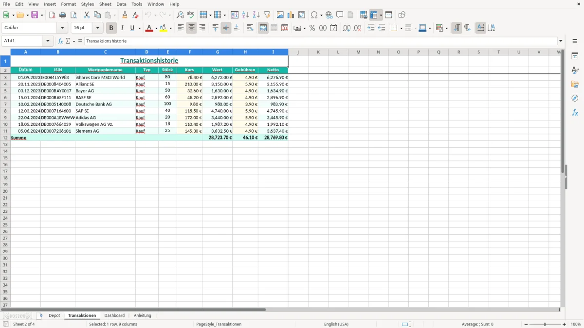 Captura de tela 2: Aba Transaktionen - Planilha Excel wertpapier depot excel vorlage
