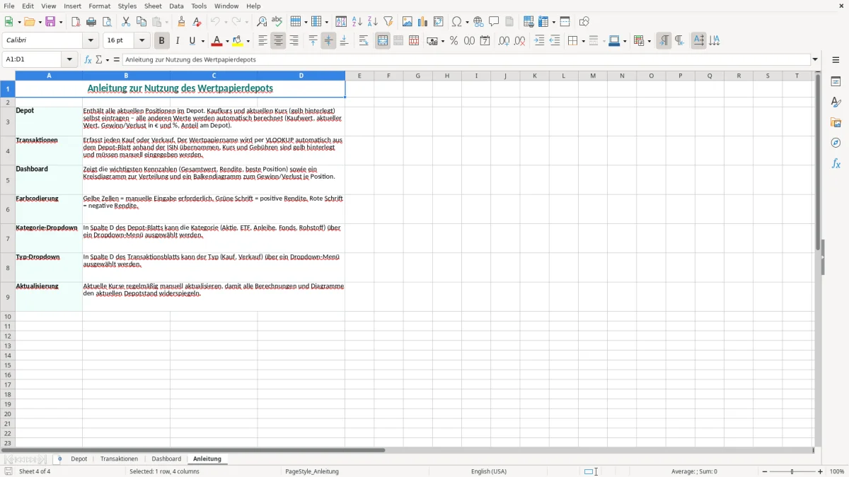 Captura de tela 4: Aba Anleitung - Planilha Excel wertpapier depot excel vorlage