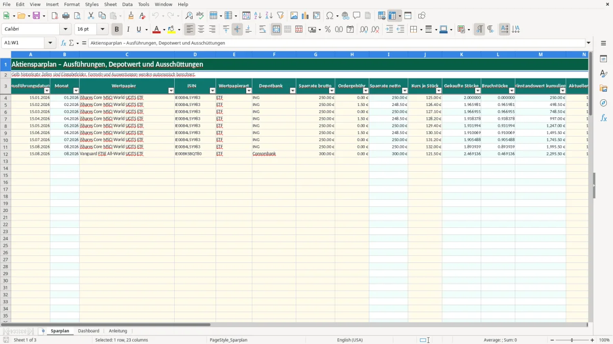 Captura de tela 1: Aba Sparplan - Planilha Excel aktiensparplan excel vorlage