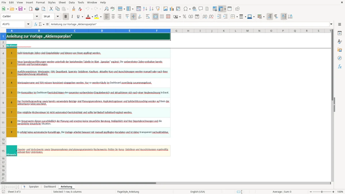 Captura de tela 3: Aba Anleitung - Planilha Excel aktiensparplan excel vorlage