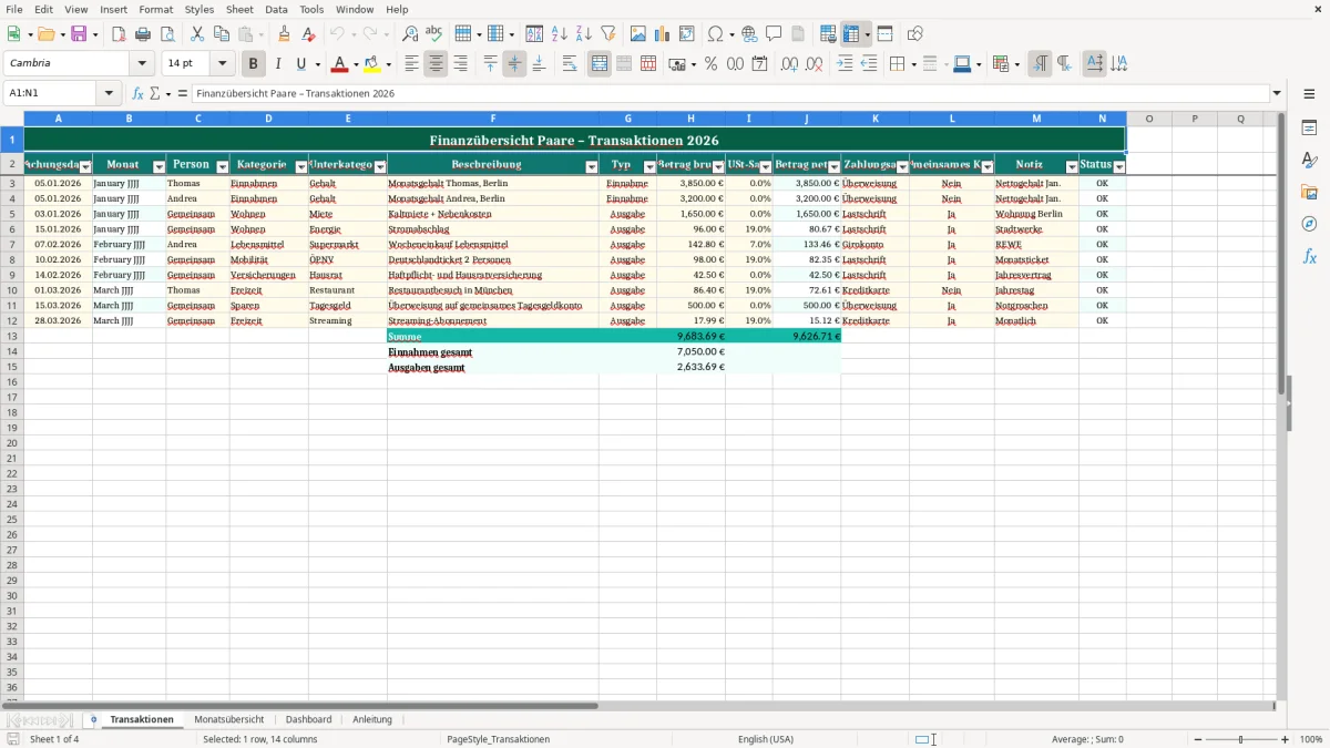 Captura de tela 1: Aba Transaktionen - Planilha Excel finanzübersicht paare excel