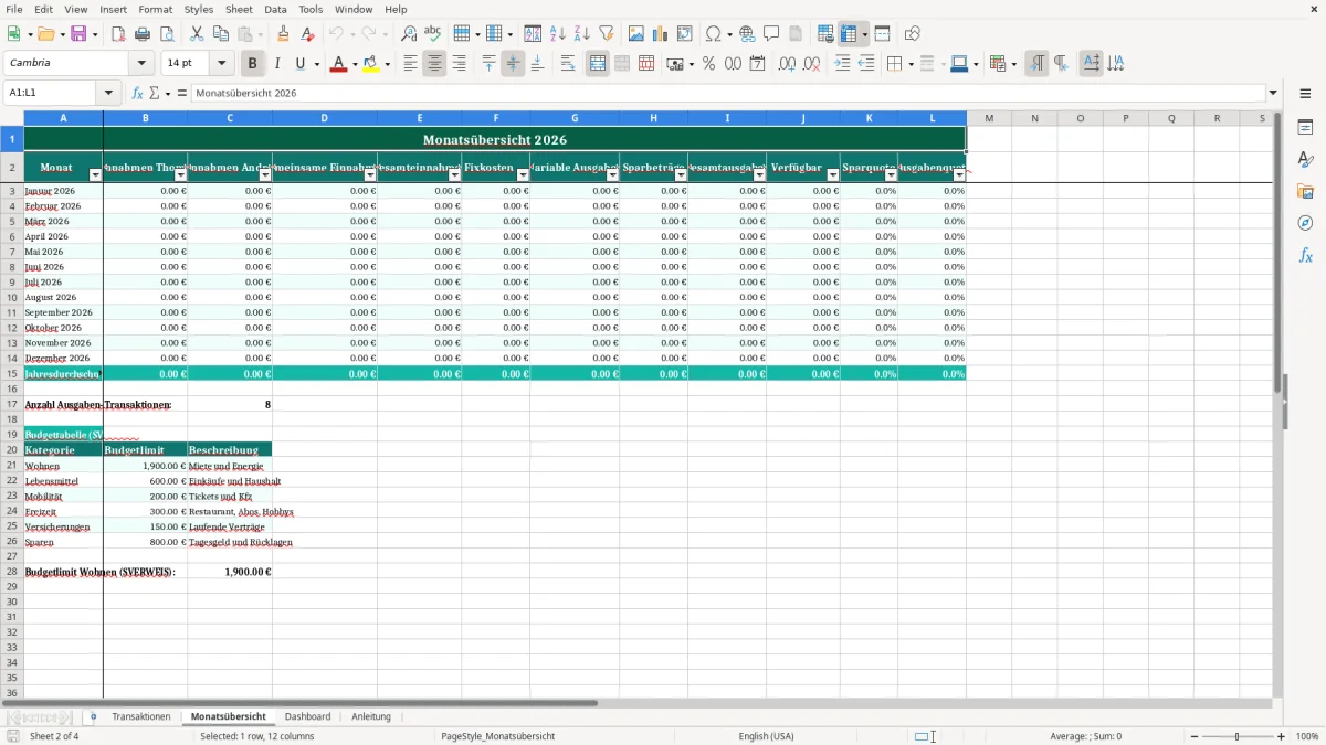 Captura de tela 2: Aba Monatsübersicht - Planilha Excel finanzübersicht paare excel