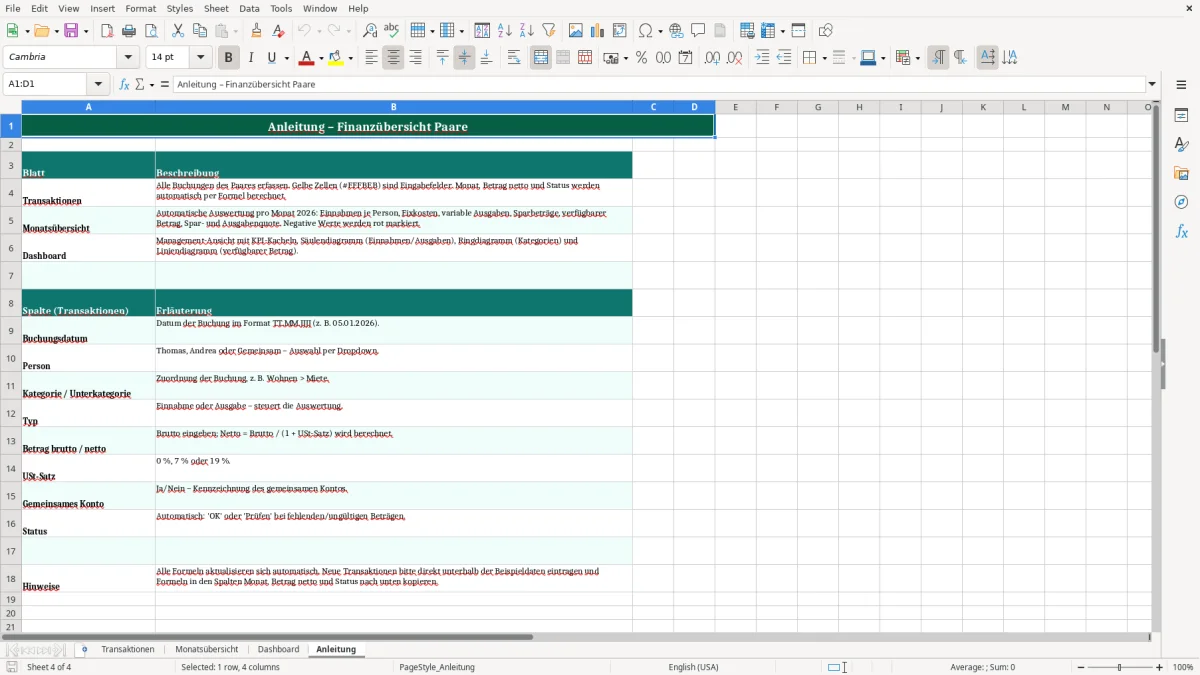 Captura de tela 4: Aba Anleitung - Planilha Excel finanzübersicht paare excel