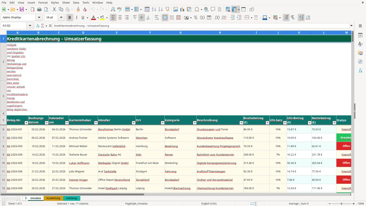 Captura de tela 1: Aba Umsätze - Planilha Excel kreditkartenabrechnung excel vorlage