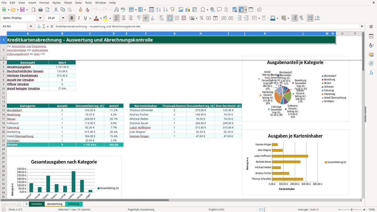 Captura de tela 2: Aba Auswertung - Planilha Excel kreditkartenabrechnung excel vorlage
