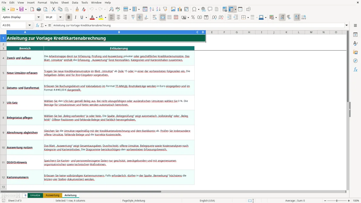 Captura de tela 3: Aba Anleitung - Planilha Excel kreditkartenabrechnung excel vorlage