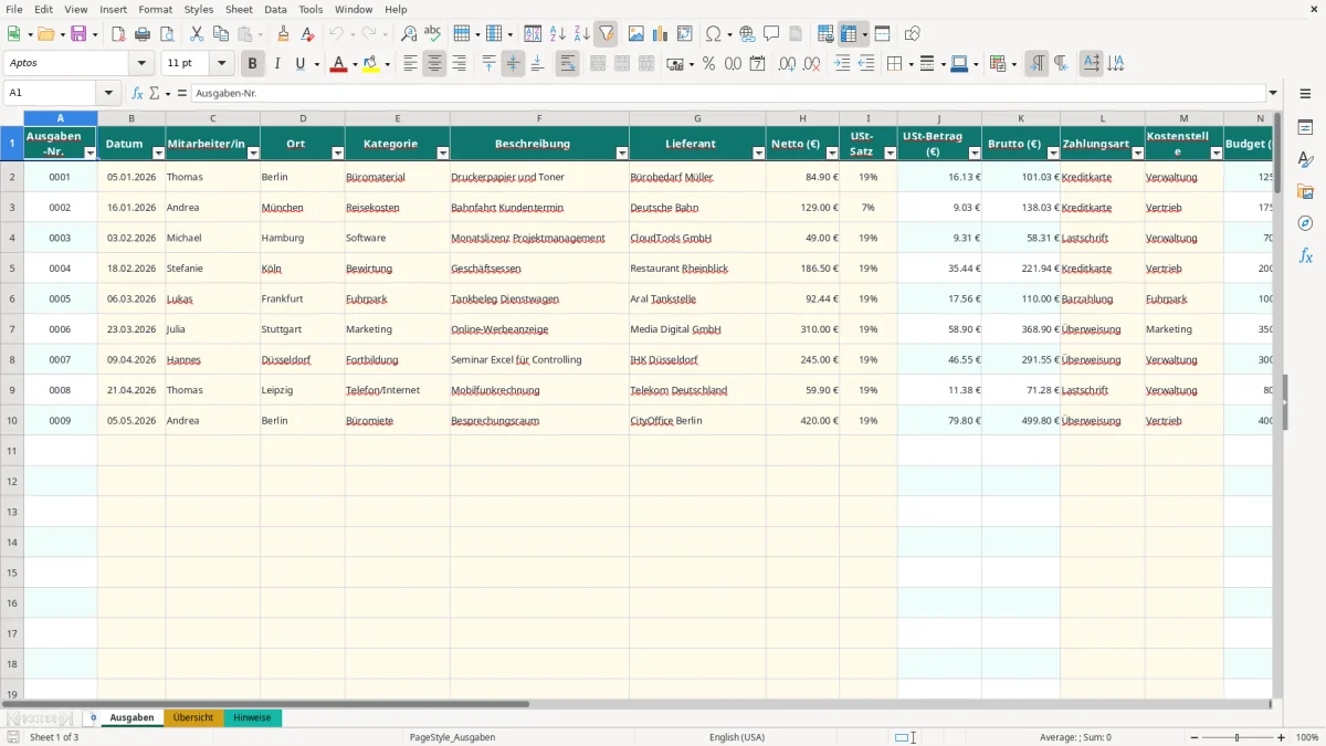 Captura de tela 1: Aba Ausgaben - Planilha Excel ausgabenkontrolle excel vorlage