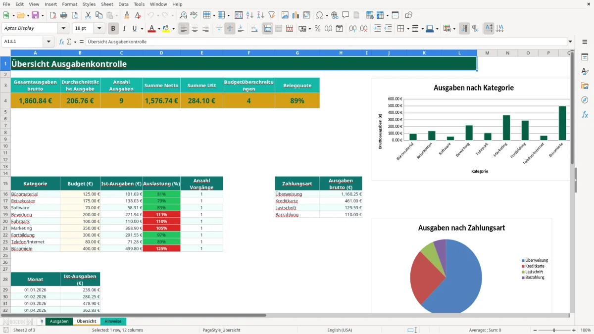 Captura de tela 2: Aba Übersicht - Planilha Excel ausgabenkontrolle excel vorlage