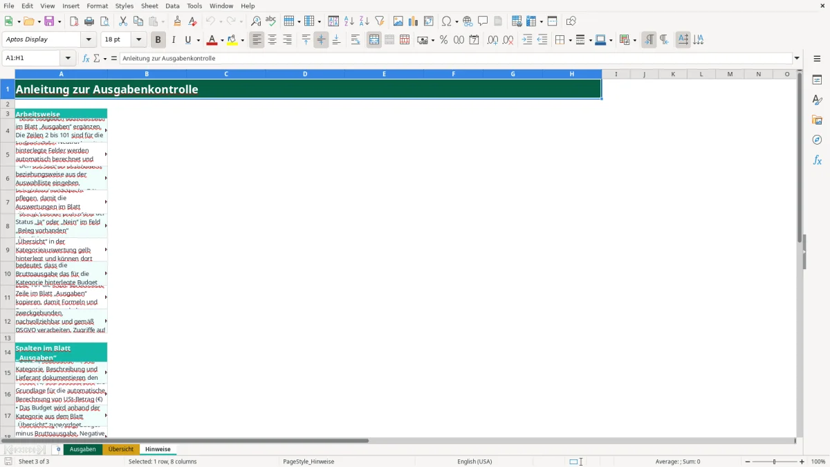 Captura de tela 3: Aba Hinweise - Planilha Excel ausgabenkontrolle excel vorlage