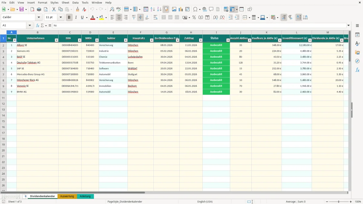 Captura de tela 1: Aba Dividendenkalender - Planilha Excel dividendenkalender excel vorlage