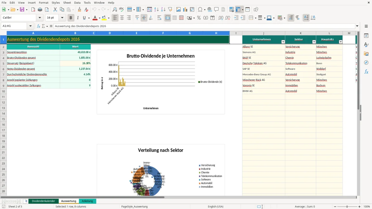 Captura de tela 2: Aba Auswertung - Planilha Excel dividendenkalender excel vorlage