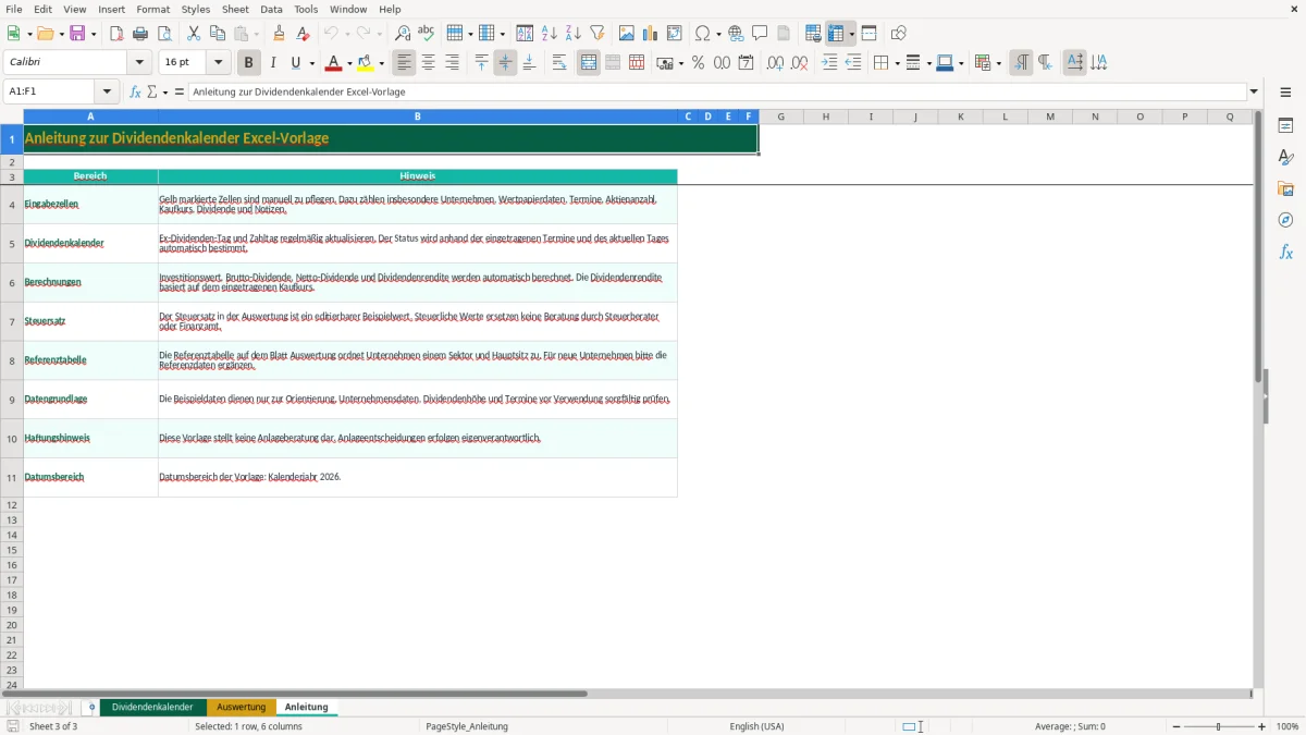 Captura de tela 3: Aba Anleitung - Planilha Excel dividendenkalender excel vorlage