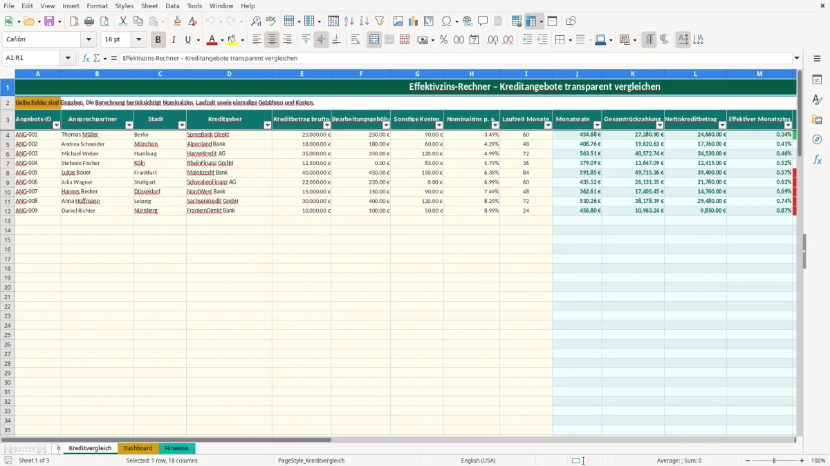 Captura de tela 1: Aba Kreditvergleich - Planilha Excel effektivzins rechner excel