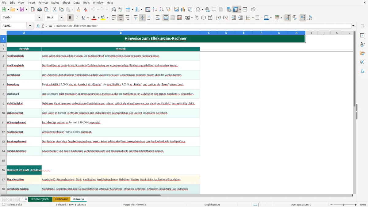 Captura de tela 3: Aba Hinweise - Planilha Excel effektivzins rechner excel