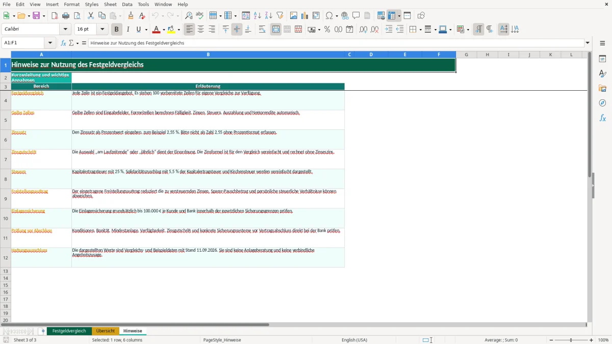Captura de tela 3: Aba Hinweise - Planilha Excel festgeld vergleich excel