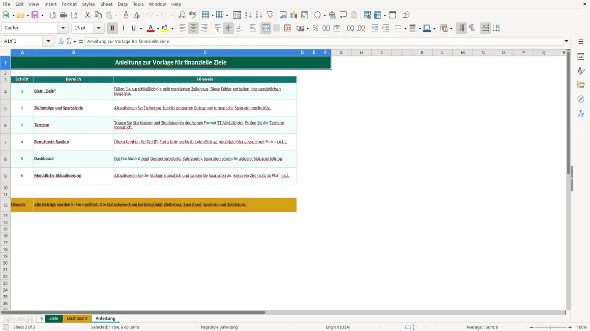 Captura de tela 3: Aba Anleitung - Planilha Excel finanzielle ziele excel vorlage