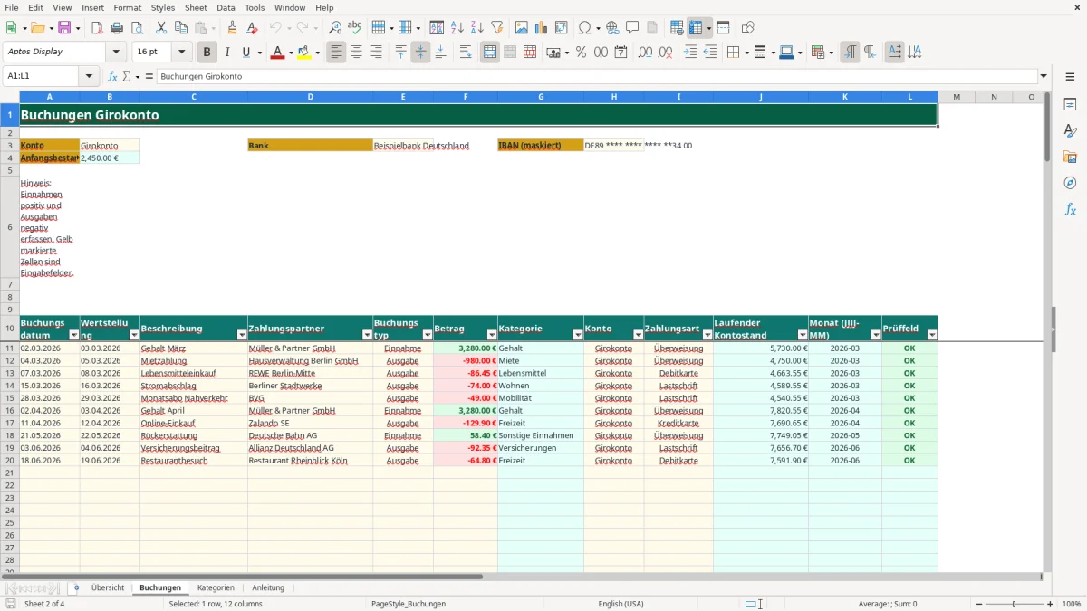 Captura de tela 2: Aba Buchungen - Planilha Excel girokonto übersicht excel