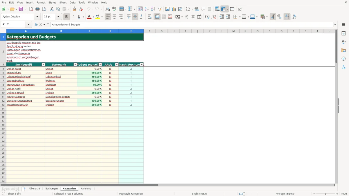 Captura de tela 3: Aba Kategorien - Planilha Excel girokonto übersicht excel