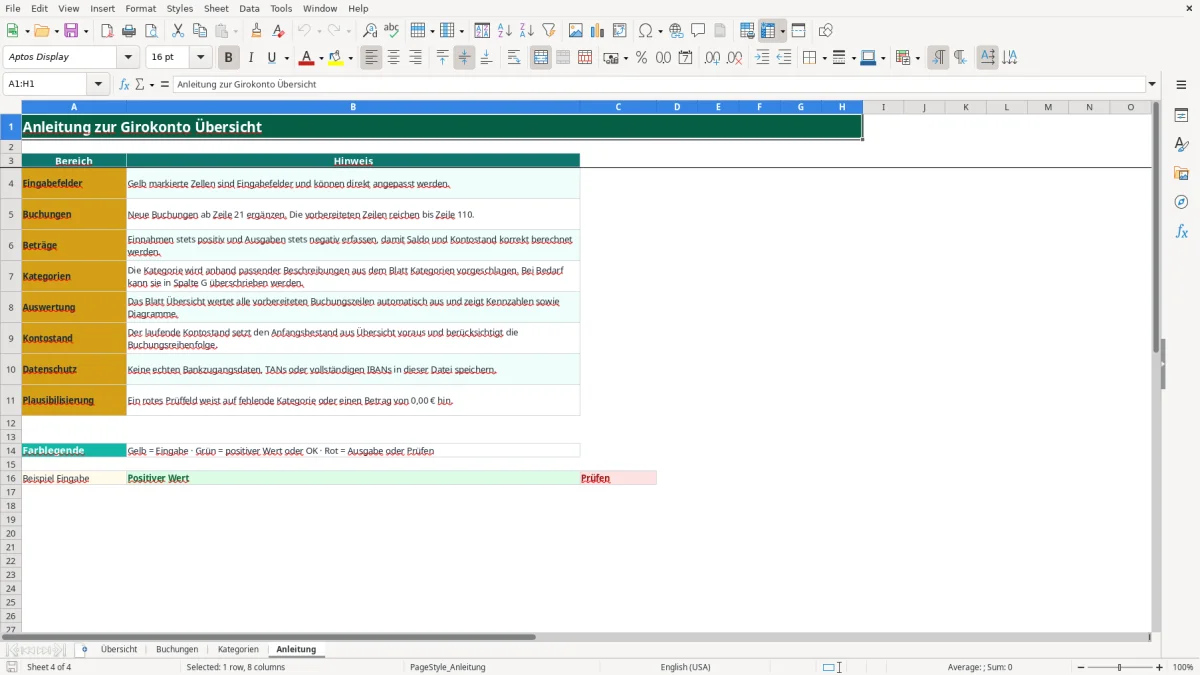 Captura de tela 4: Aba Anleitung - Planilha Excel girokonto übersicht excel
