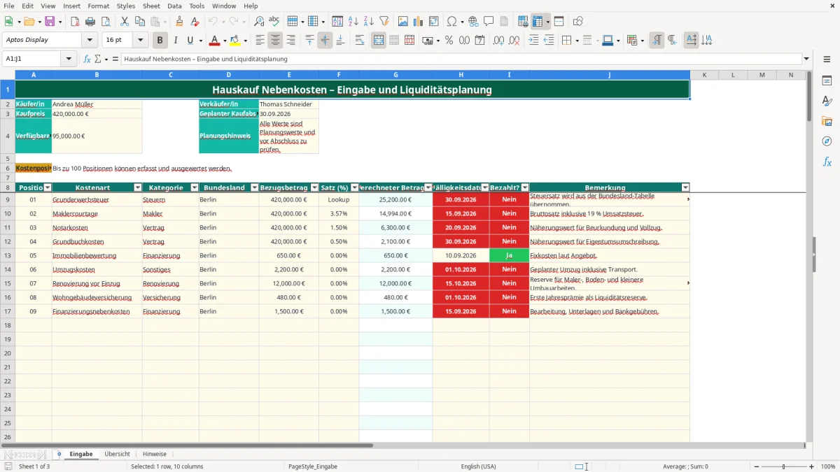 Captura de tela 1: Aba Eingabe - Planilha Excel hauskauf nebenkosten excel