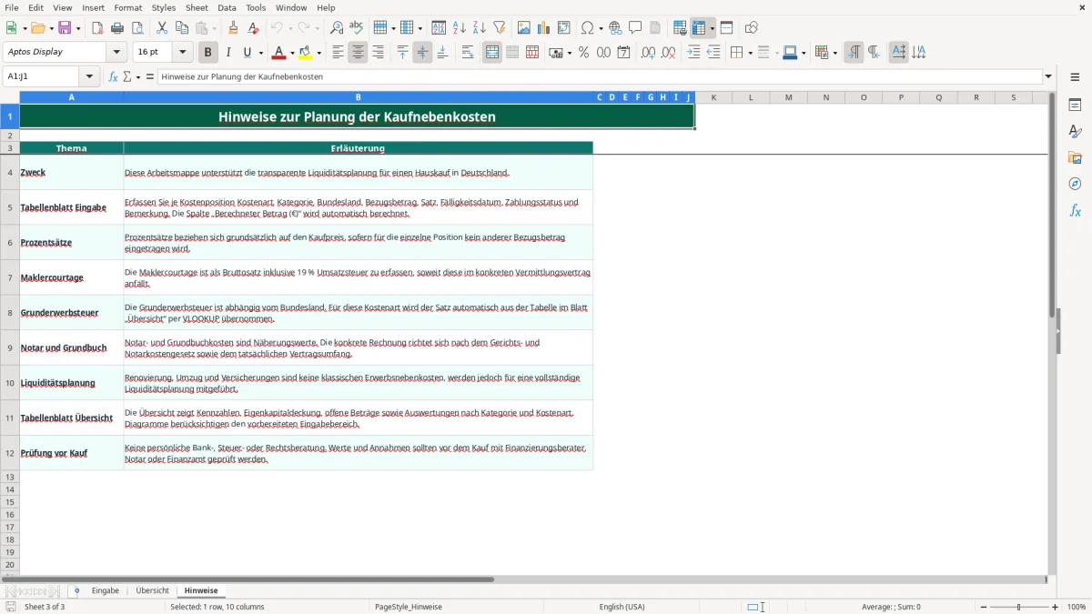 Captura de tela 3: Aba Hinweise - Planilha Excel hauskauf nebenkosten excel
