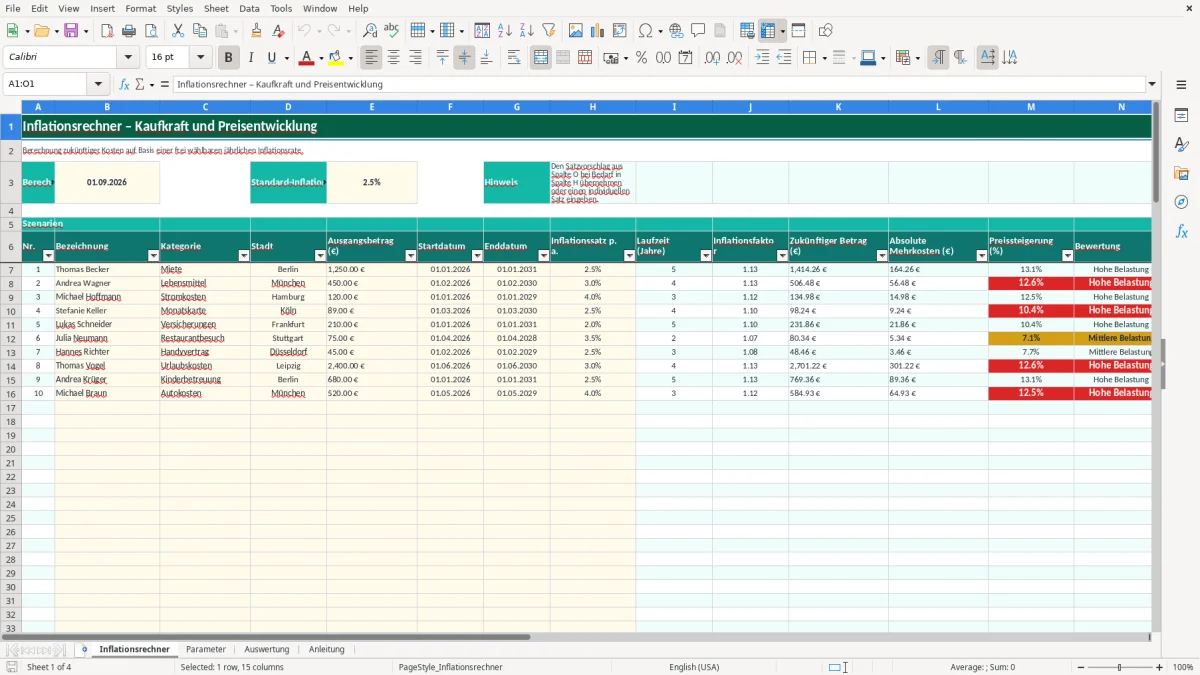 Captura de tela 1: Aba Inflationsrechner - Planilha Excel inflationsrechner excel vorlage