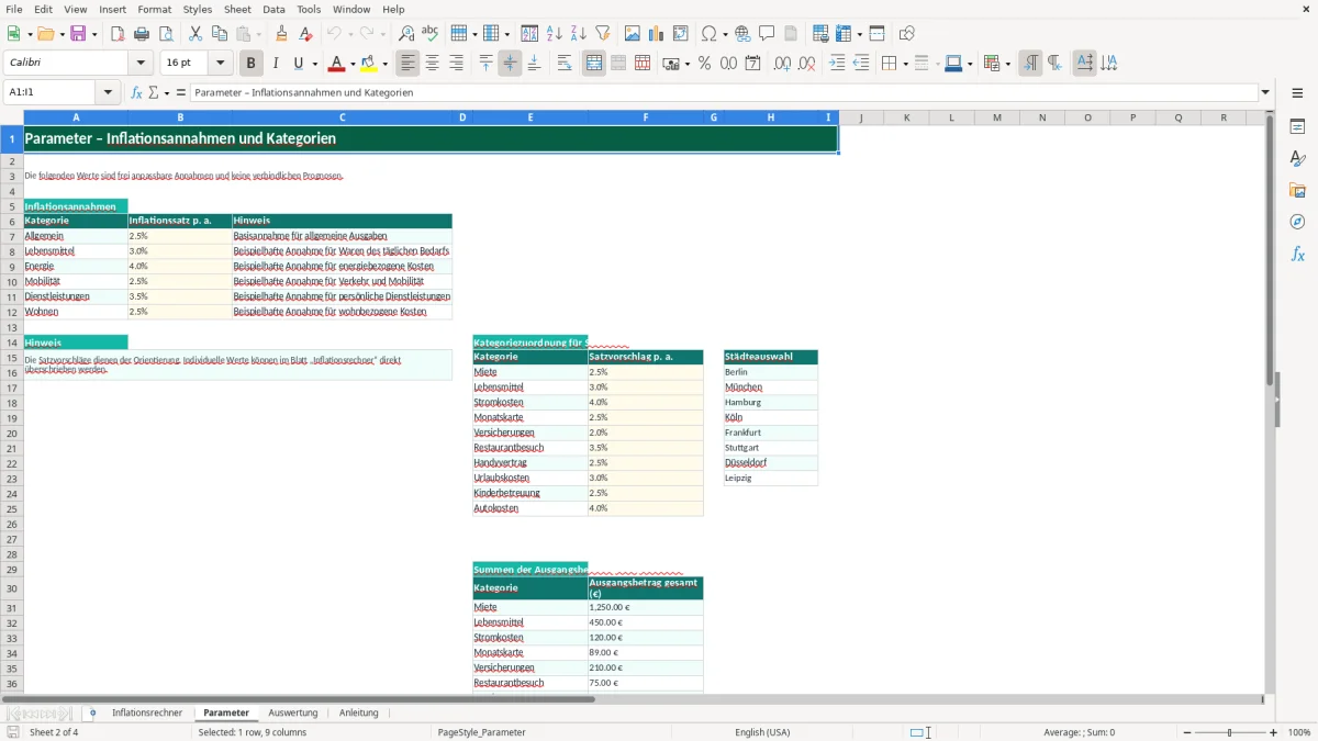Captura de tela 2: Aba Parameter - Planilha Excel inflationsrechner excel vorlage