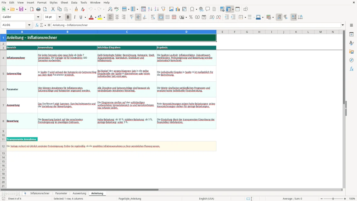 Captura de tela 4: Aba Anleitung - Planilha Excel inflationsrechner excel vorlage