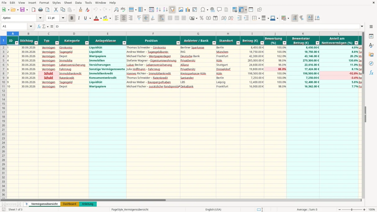 Captura de tela 1: Aba Vermögensübersicht - Planilha Excel nettovermögen excel vorlage