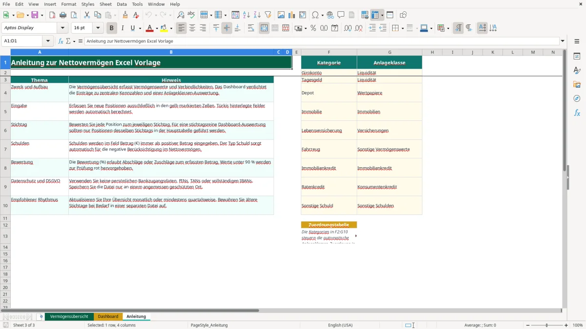 Captura de tela 3: Aba Anleitung - Planilha Excel nettovermögen excel vorlage