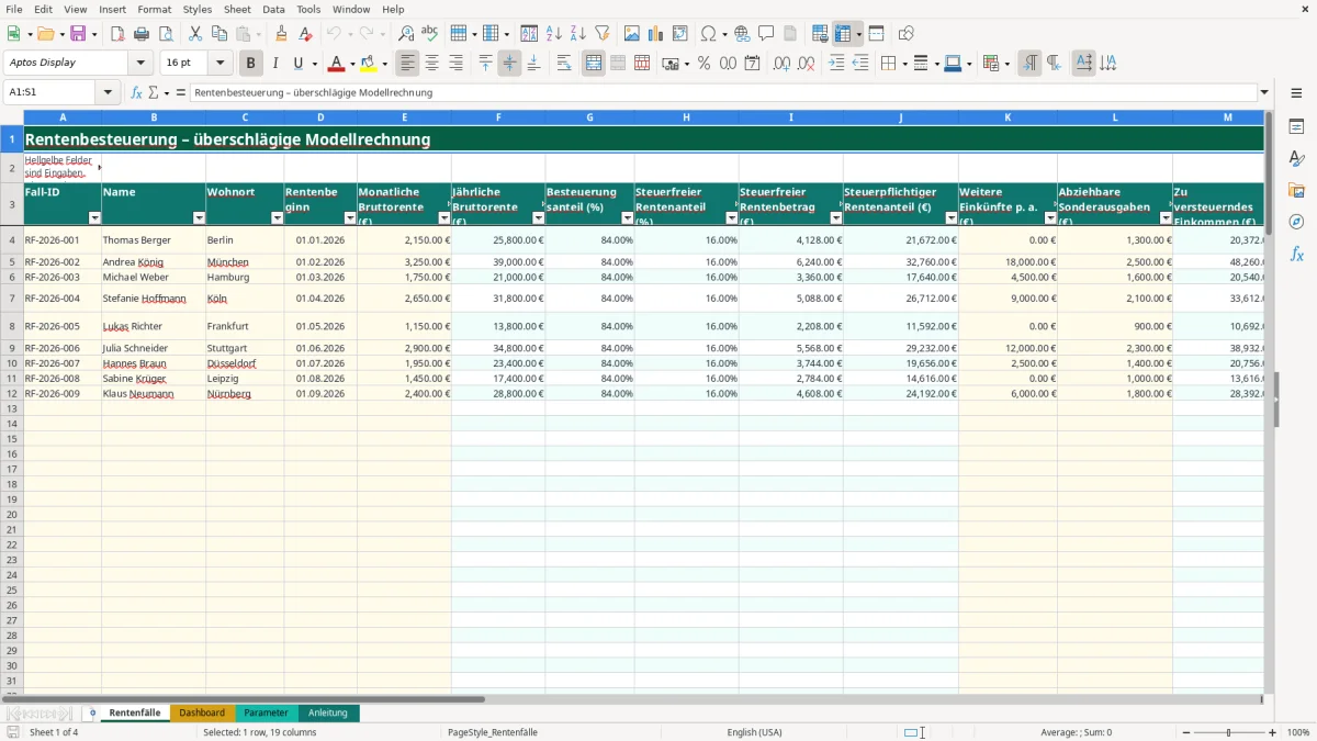 Captura de tela 1: Aba Rentenfälle - Planilha Excel rentenbesteuerung excel
