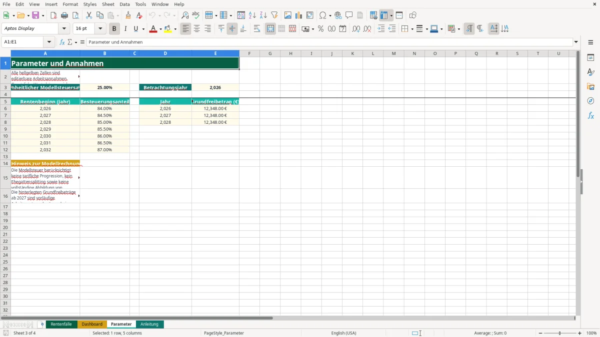 Captura de tela 3: Aba Parameter - Planilha Excel rentenbesteuerung excel